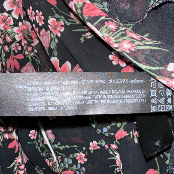 Zara Black Pink Floral Sheer Ruffle Long Sleeve Peplum Top Size Large - Picture 7 of 13